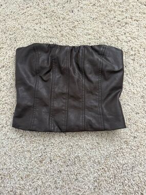 Strapless Faux Leather Brown Bustier Top